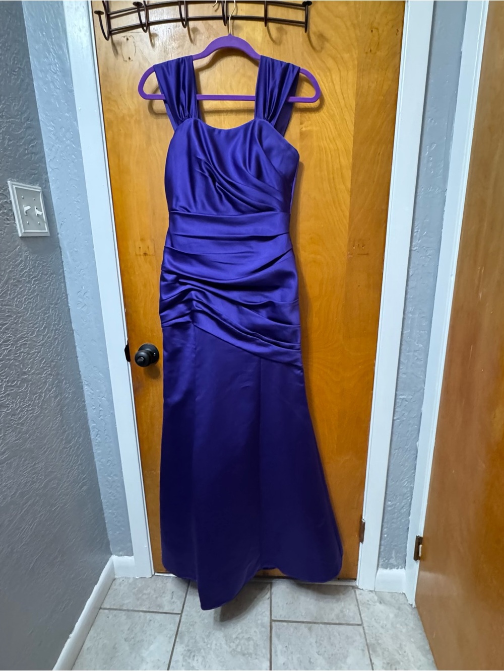 David's Bridal Purple Satin Ruched Maxi Dress